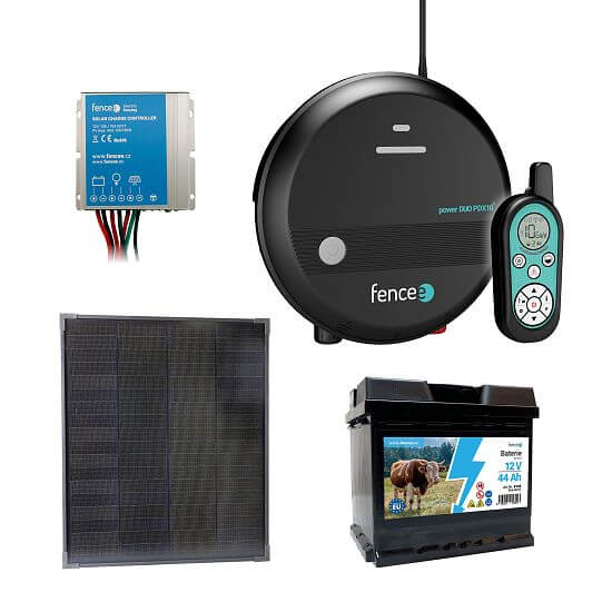Sada solárneho panelu a elektrického ohradníka - 1 J zdroj  s diaľkovým ovládaním, solárný panel 40 W, regulátor a 12V batéria 44 Ah