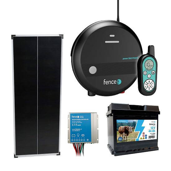 Sada solárneho panelu a elektrického ohradníka - 7 J zdroj s diaľkovým ovládaním, solárný panel 100 W, regulátor a 12V batéria 44 Ah