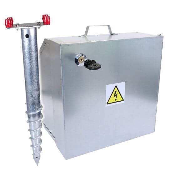 Univerzálna bezpečnostná schránka pre batériu a zdroj elektrického ohradníka, montážny tŕň
