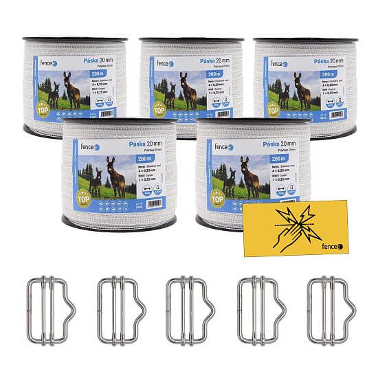 Sada 20 mm páska pro elektrický ohradník 0,45 Ω/m + konektory pásky + výstražné značky