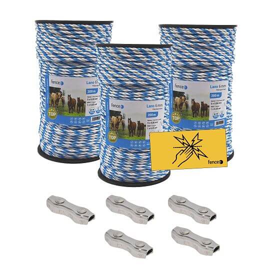Sada 6 mm lano pre elektricky ohradnik 0,4 Ω/m + dvojité spojky + výstražné značky