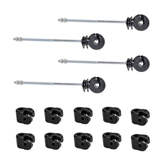 Sada 10 dlhých podperných izolátorov pre elektrický ohradník + malé posuvné izolátory 40 ks
