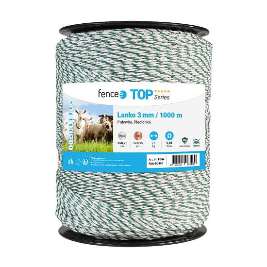Lanko pre elektrický ohradník, priemer 3 mm, zeleno-biely, dĺžka 1000 m, 0,1 Ω/m